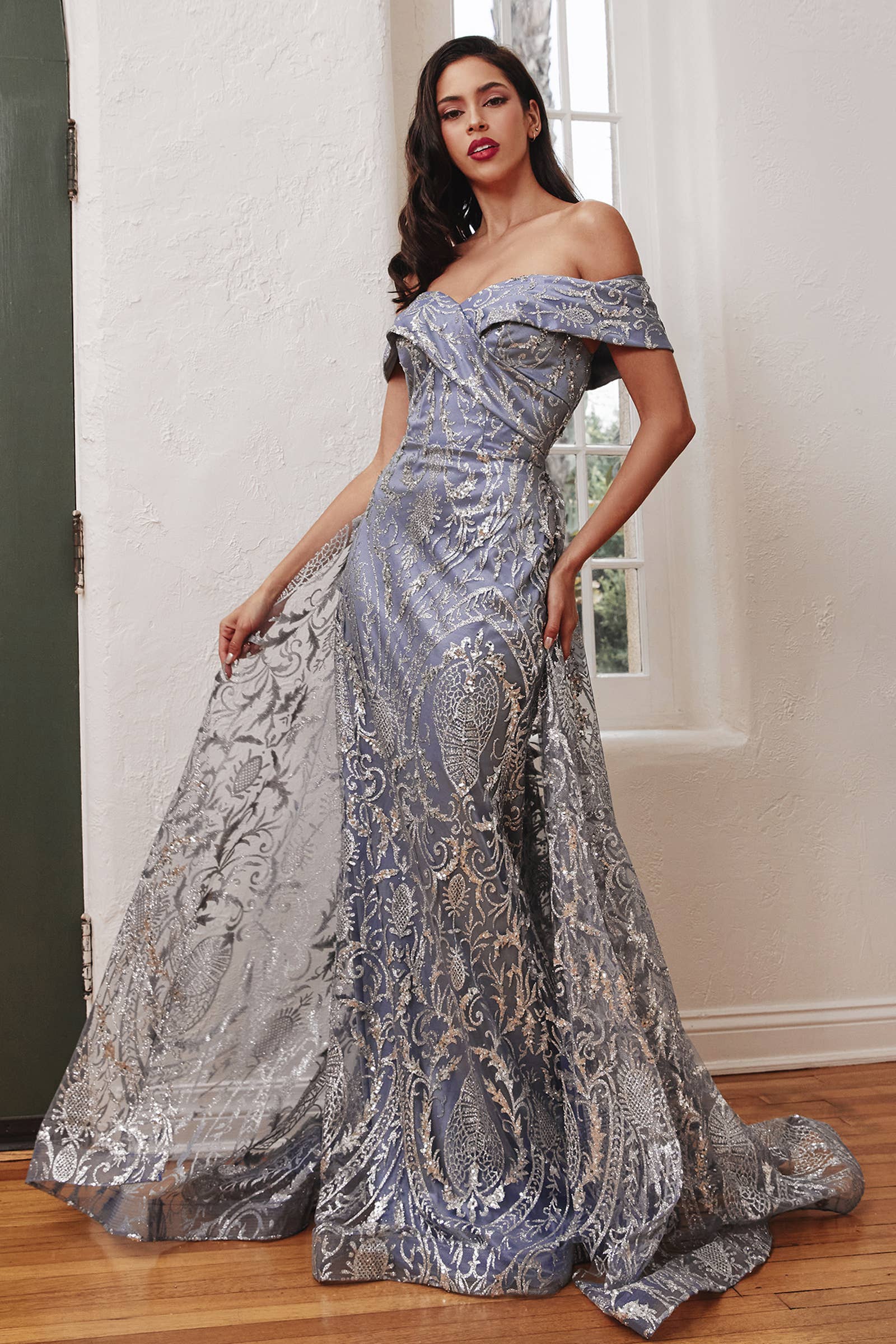 OFF THE SHOULDER LACE GOWN WITH OVER SKIRT: Royal