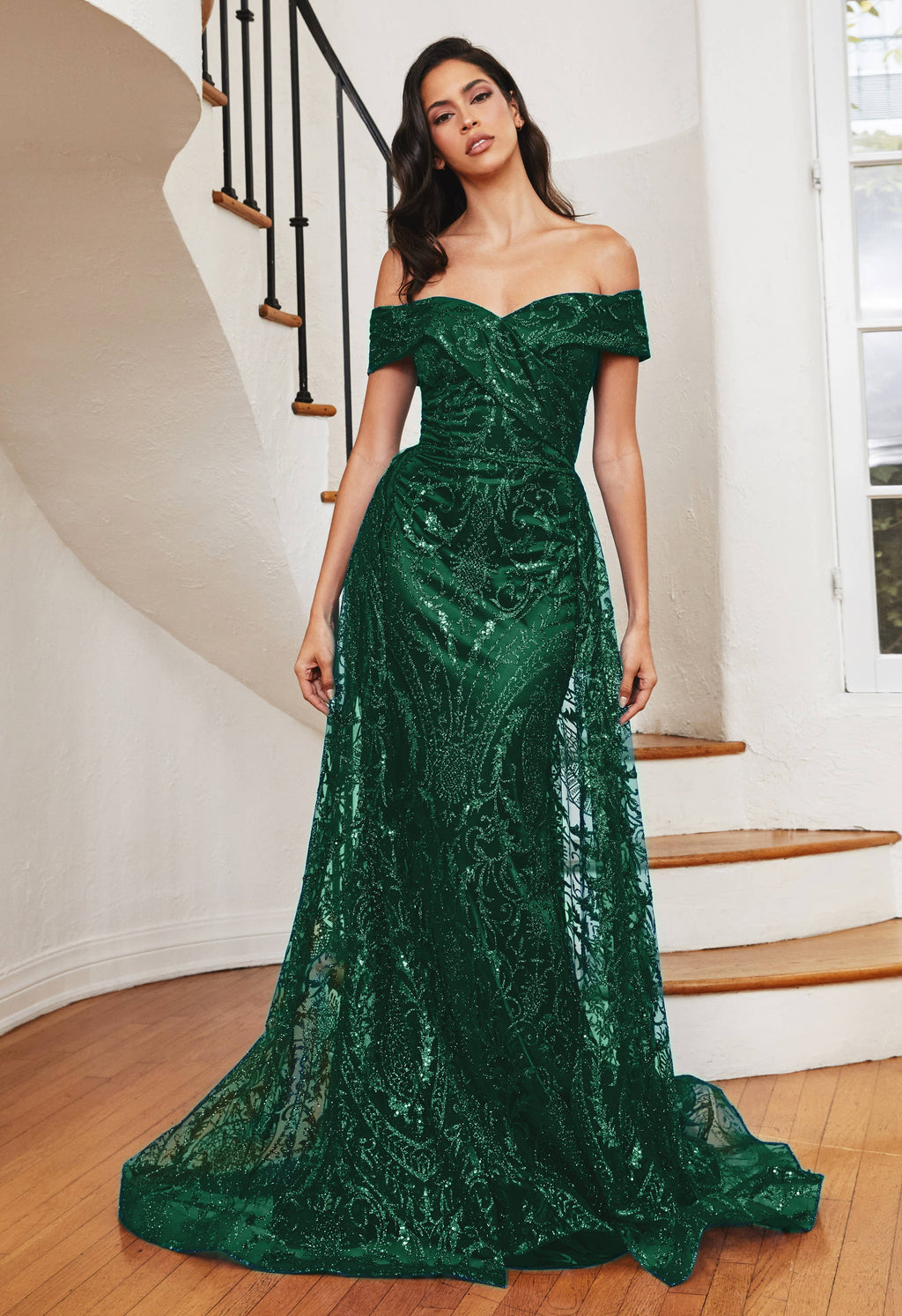 OFF THE SHOULDER LACE GOWN WITH OVER SKIRT: Royal