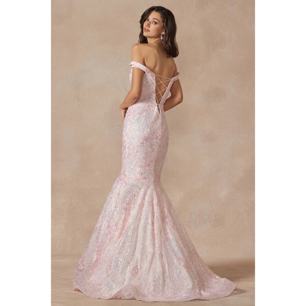 MERMAID GOWN WITH PLUNGING DEEP V ILLUSION NECKLINE AND OFF: BLUSH