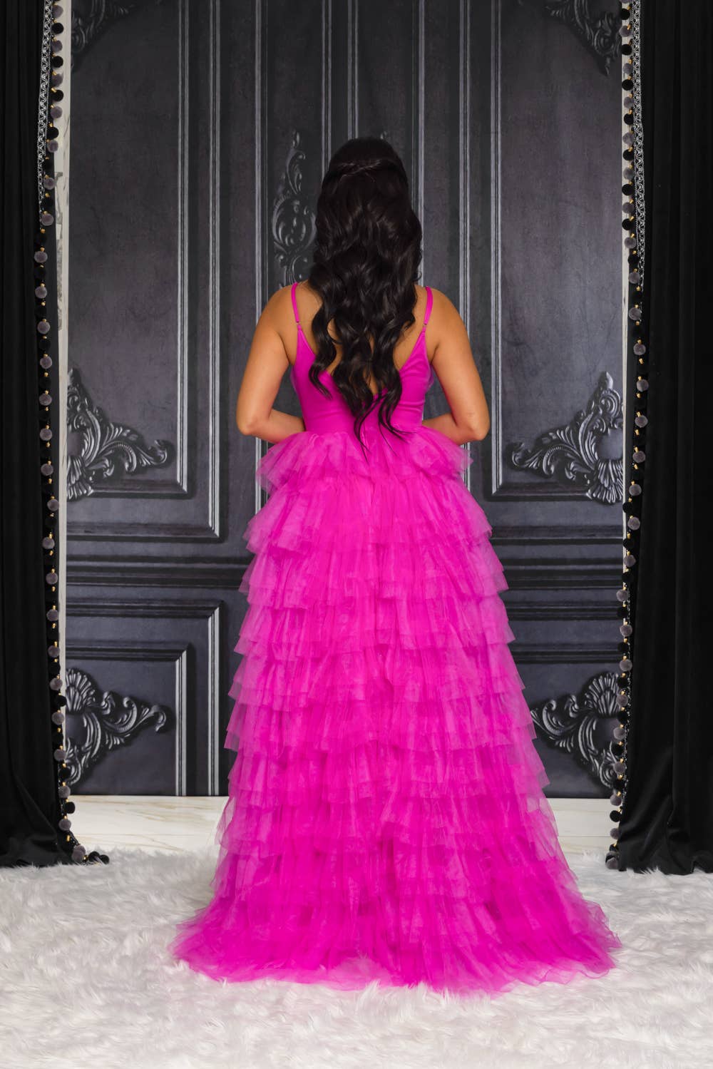 9486-SOLID COLOR TULLE MAXI DRESS WITH RUFFLED SKIRT: HOT PINK