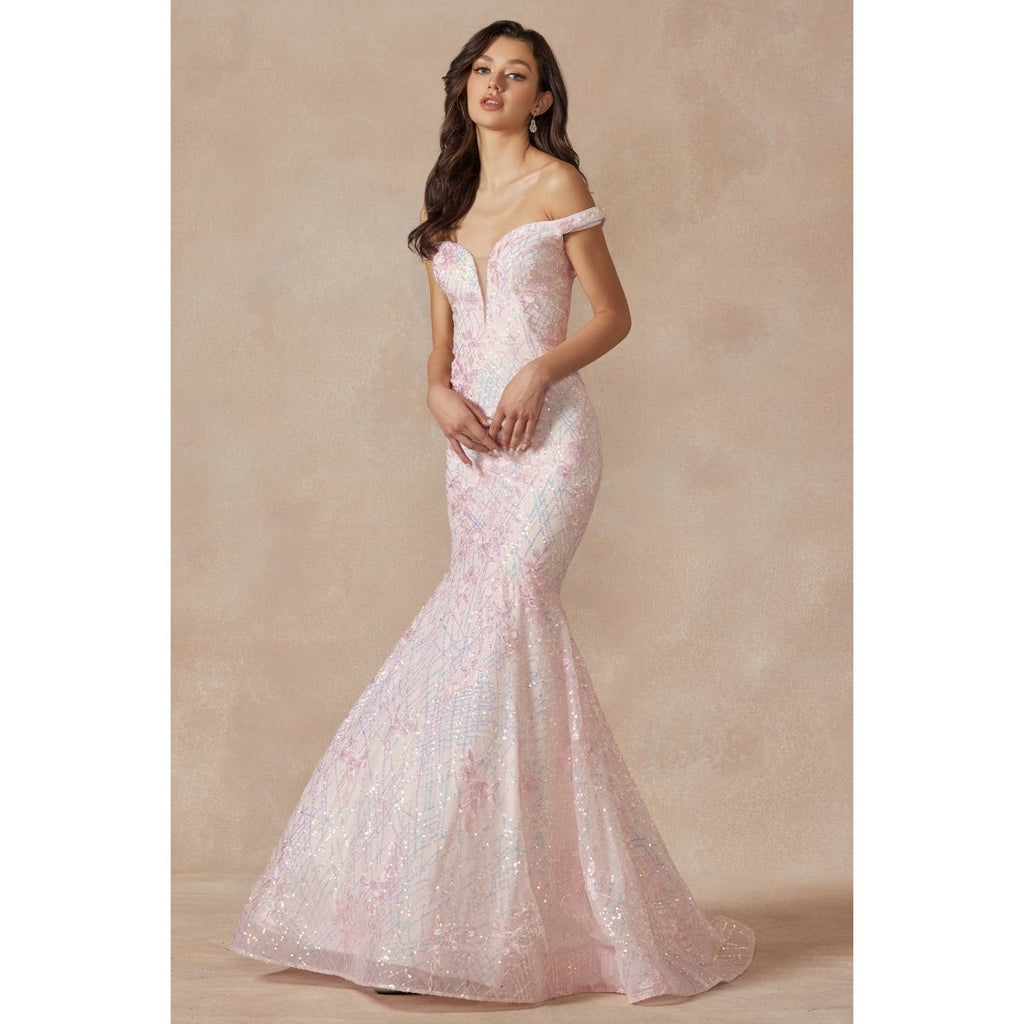 MERMAID GOWN WITH PLUNGING DEEP V ILLUSION NECKLINE AND OFF: BLUSH