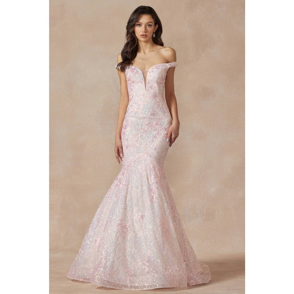 MERMAID GOWN WITH PLUNGING DEEP V ILLUSION NECKLINE AND OFF: BLUSH