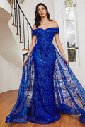 OFF THE SHOULDER LACE GOWN WITH OVER SKIRT: Royal