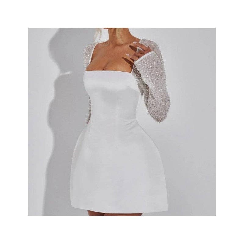 Sheer Trend - Solid Square Neck Lace Trim A-Line Short Sleeveless Dress