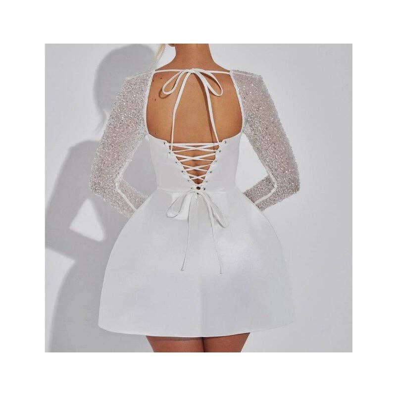 Sheer Trend - Solid Square Neck Lace Trim A-Line Short Sleeveless Dress
