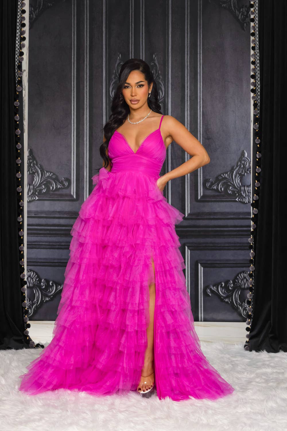 9486-SOLID COLOR TULLE MAXI DRESS WITH RUFFLED SKIRT: HOT PINK