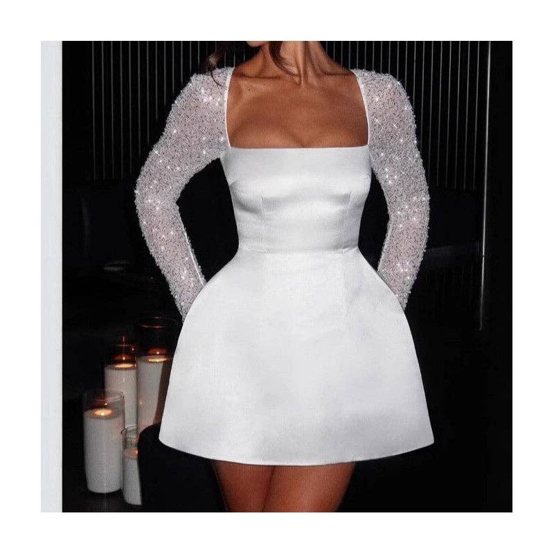 Sheer Trend - Solid Square Neck Lace Trim A-Line Short Sleeveless Dress