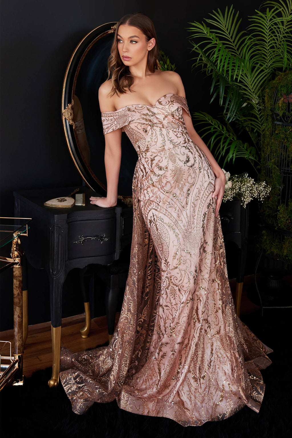 OFF THE SHOULDER LACE GOWN WITH OVER SKIRT: Royal
