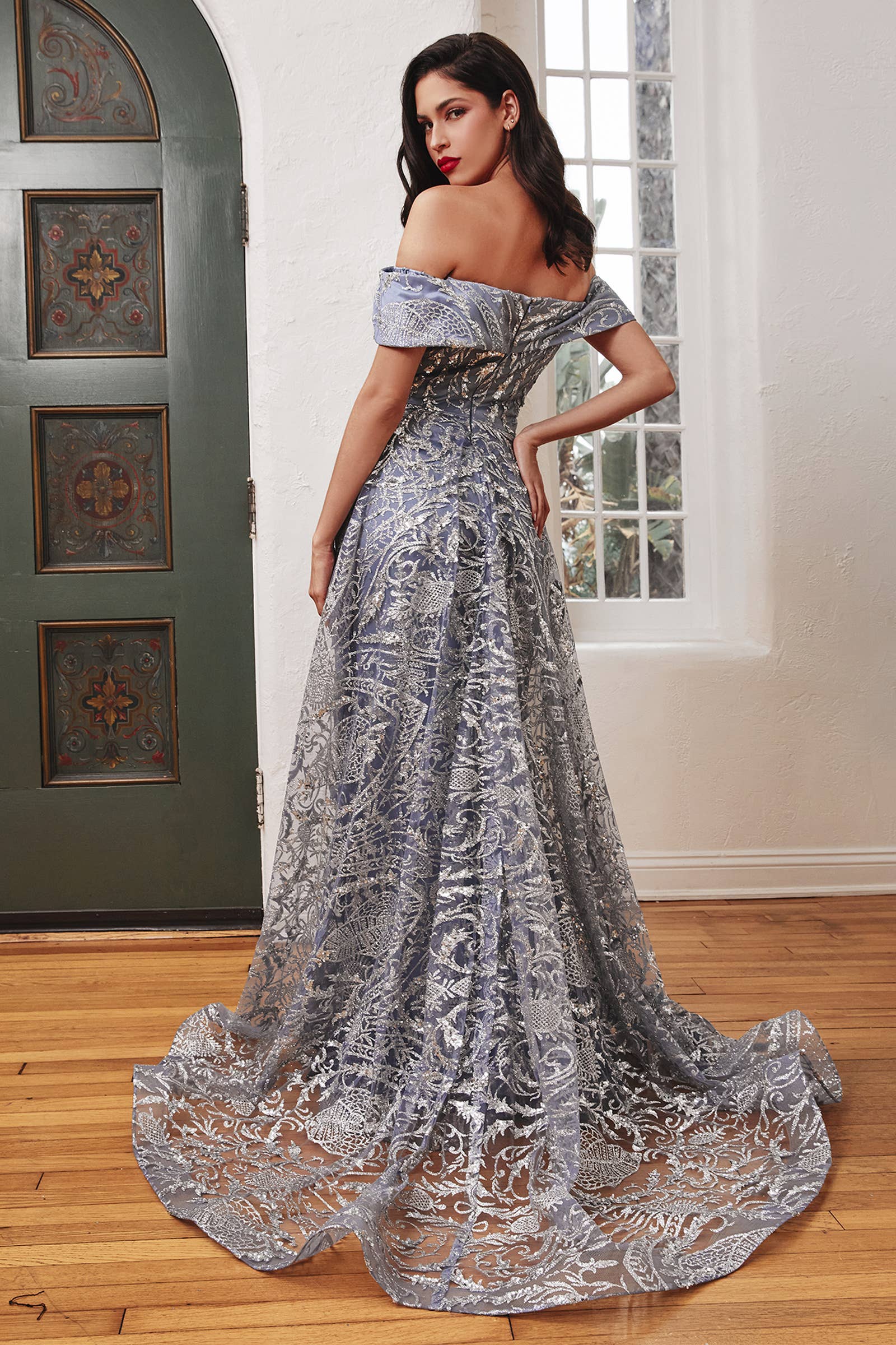 OFF THE SHOULDER LACE GOWN WITH OVER SKIRT: Royal