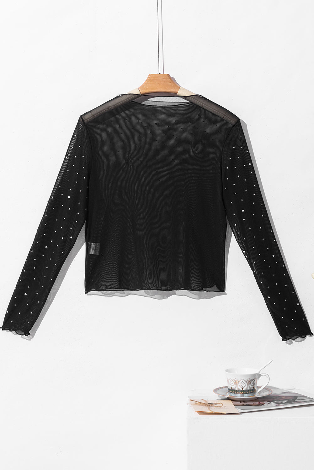 Black Rhinestone Sheer Mesh Slim Fit Long Sleeve Top