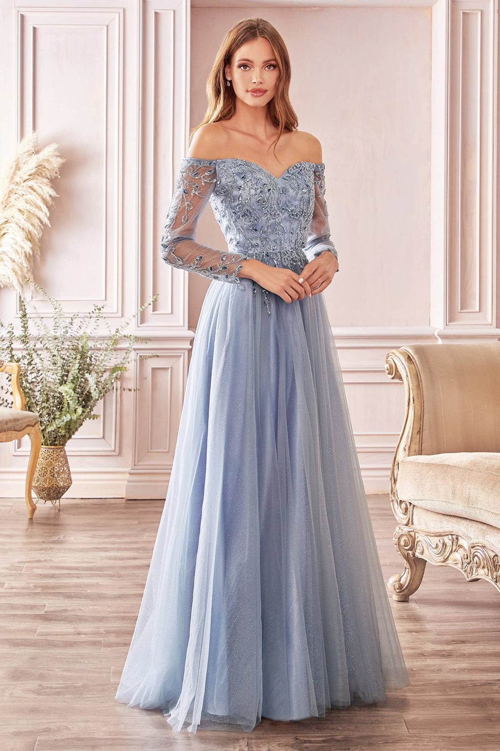 OFF THE SHOULDER A-LINE DRESS: Rose Gold