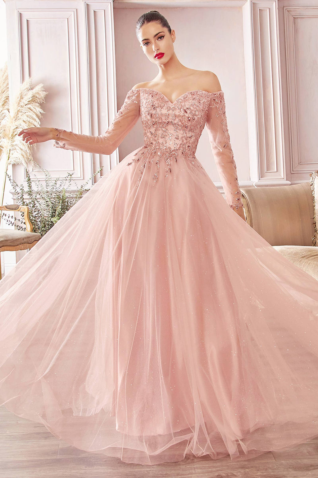 OFF THE SHOULDER A-LINE DRESS: Rose Gold
