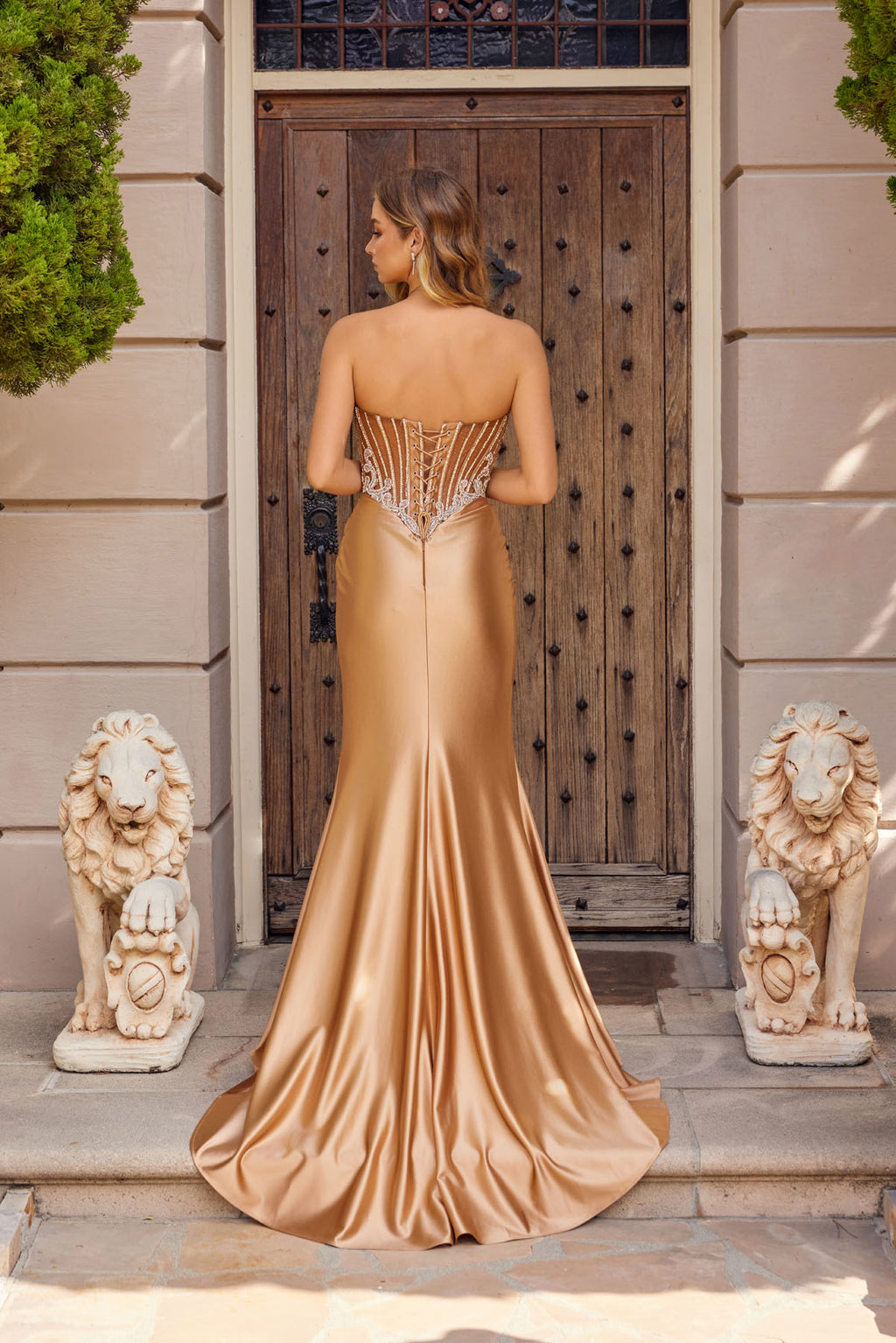 Stone corset bodice gown with side slit