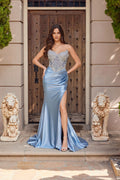 Stone corset bodice gown with side slit