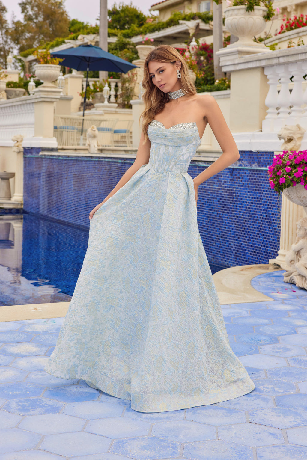 JT2693A Jacquard Strapless ball gown with structured corset bodice and choker